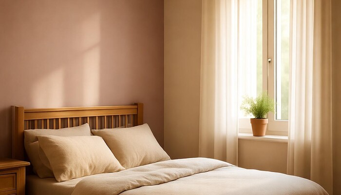 دکوراسیون اتاق خواب ساده با پرده حریر